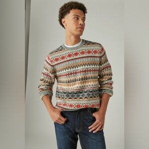 Lucky Brand Men's Gray and Red Patterned Crewneck Sweater